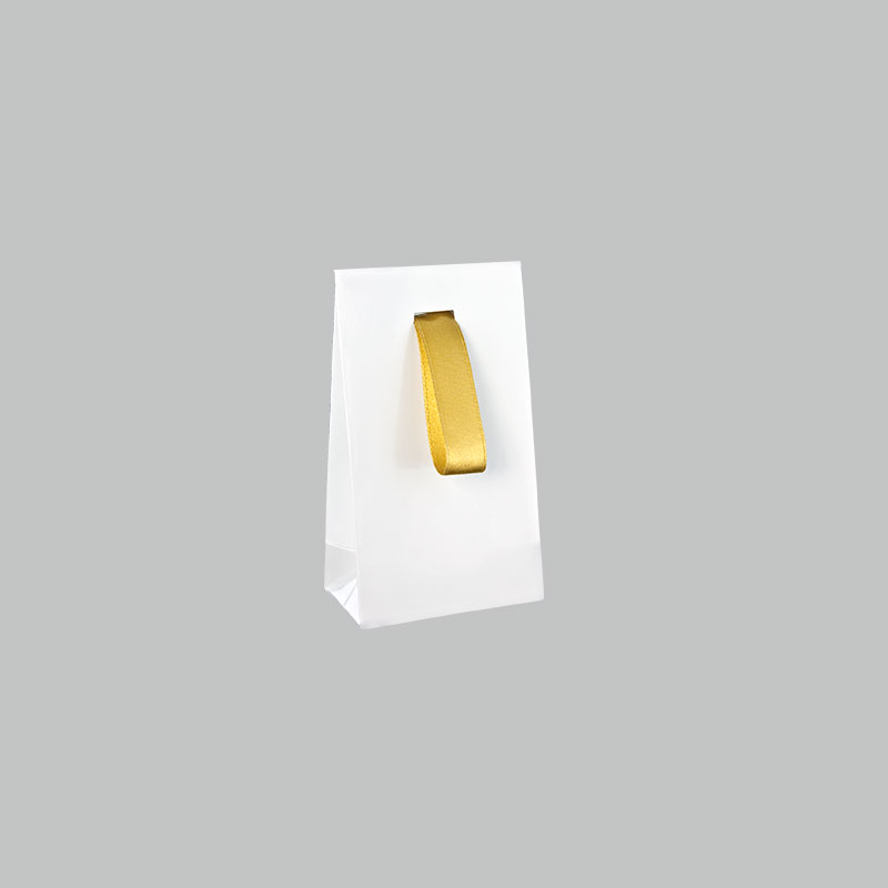 White laminated paper stand up bags with gold ribbon, 170 g - 7 x 4 x 12 cm tall
