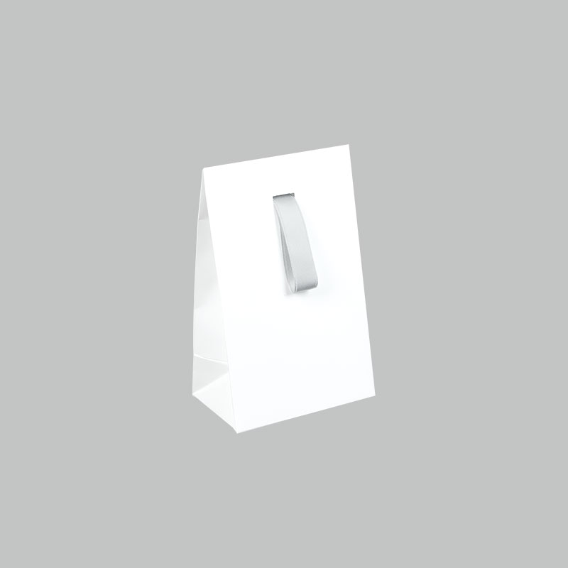 White laminated paper stand up bags with silver ribbon, 170 g - 10 x 6.5 x 16 cm tall