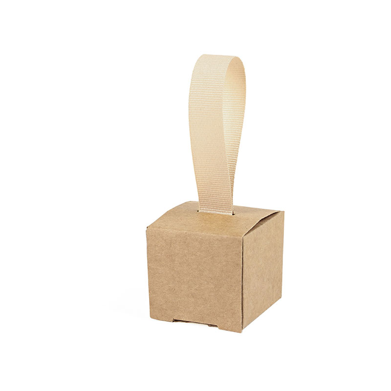 Matt Kraft-coloured card gift box with coarse grain ribbon - 4 x 4 x H 4cm