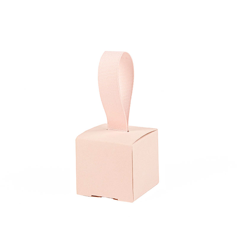 Matt light pink card gift box with coarse grain ribbon - 4 x 4 x H 4cm