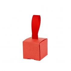 Matt red card gift box with coarse grain ribbon - 4 x 4 x H 4cm