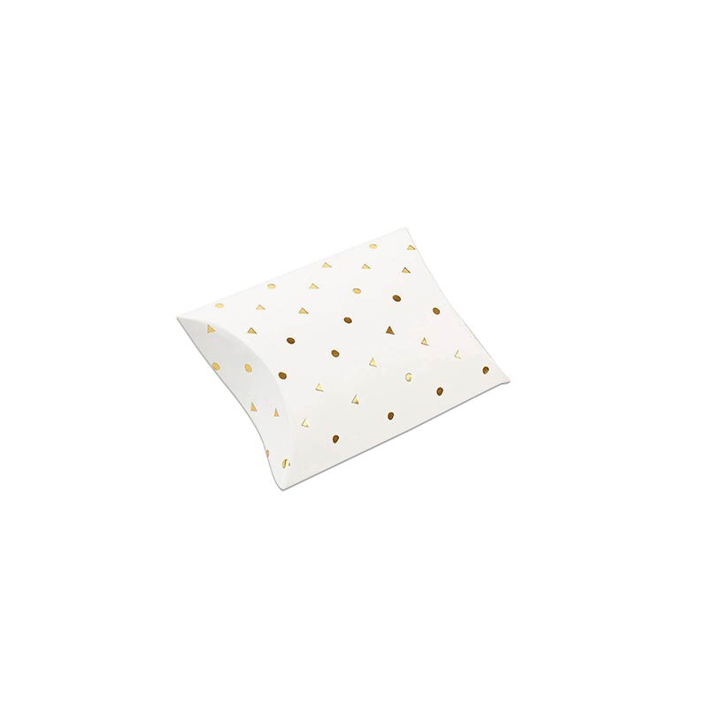Matt white card pillow boxes, hot-foil printed gold dots/triangles, 350 g