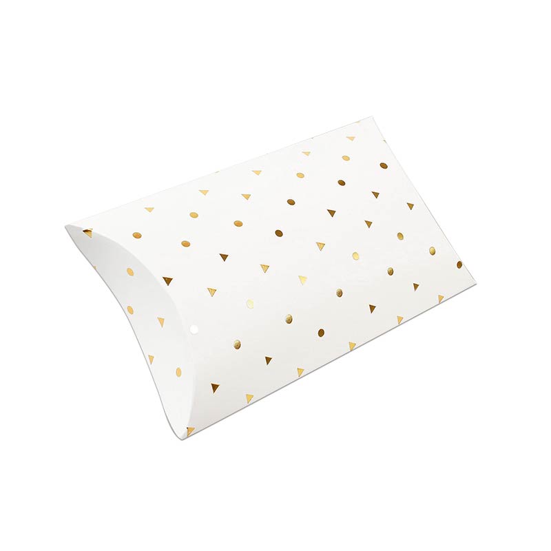 Matt white card pillow boxes, hot-foil printed gold dots/triangles, 11 x 15 x 3.5 cm