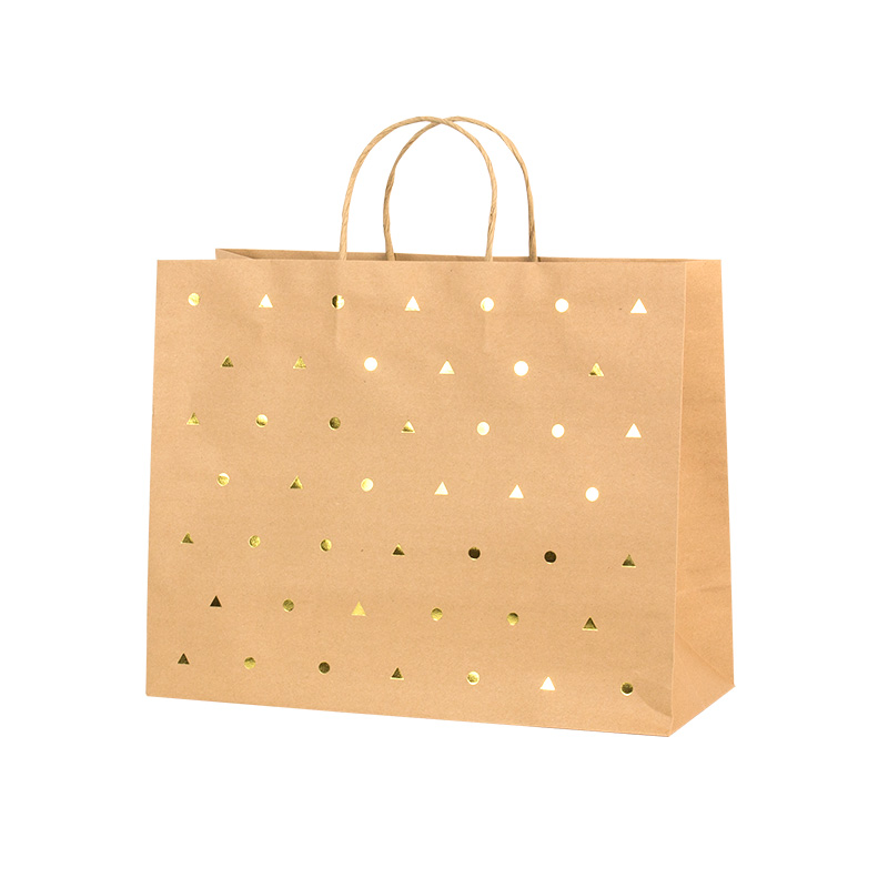 Kraft paper carrier bags with shiny gold triangle and circle details, 26.4 x 13.6 x 32.7 cm H, 120g