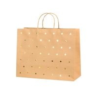 Kraft paper carrier bags with shiny gold triangle and circle details, 26.4 x 13.6 x 32.7 cm H, 120g