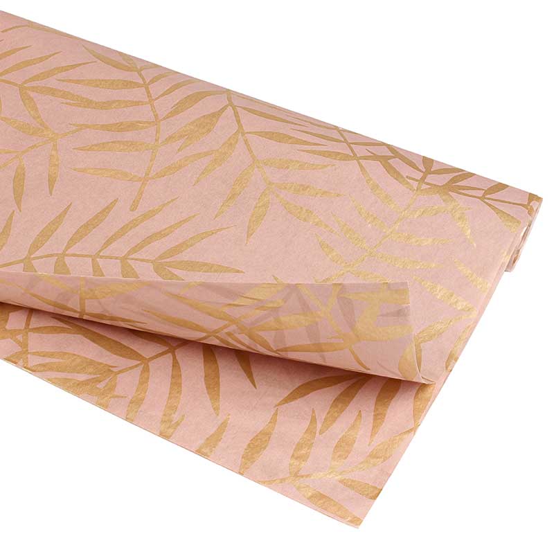 Pink background tissue paper with gold foliage motifs