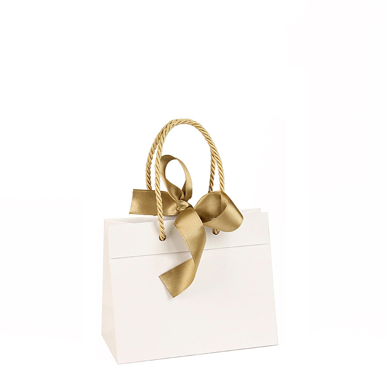 Matt finish white paper carrier bags with gold ribbon, 24 x 10 x 18 cm H, 165g