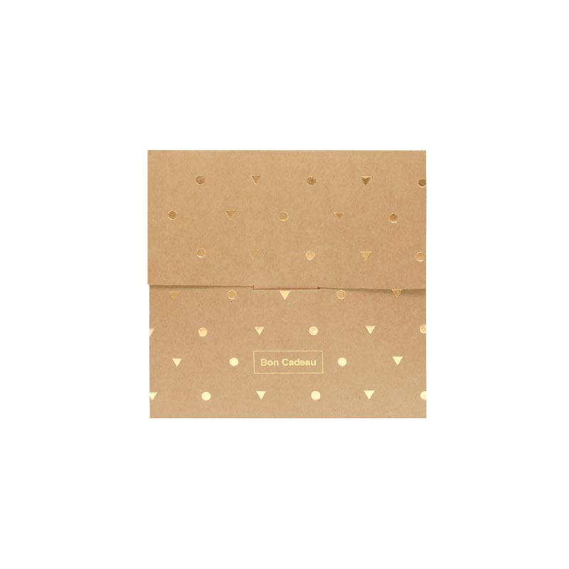 Natural Kraft gift vouchers with hot-foil printed gold dots/triangles