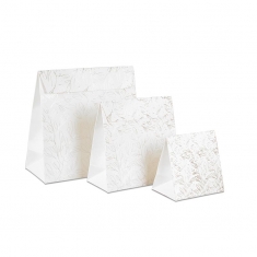 Glossy white paper pouches, silver hot foil printed botanical motifs, 18.5 x 8 x 18.5 cm tall, 190 g