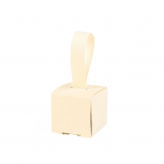 Matt cream card gift box with coarse grain ribbon - 4 x 4 x H 4cm