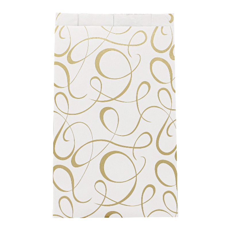 Shiny white gift bags with matt gold ™scrolls™ print 18 x 6 x 35cm, 70g (x50)