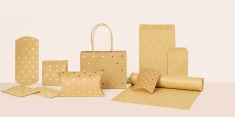 Kraft paper carrier bags with shiny gold triangle and circle details, 14.6 x 11.4 x 6.4 cm H, 120g