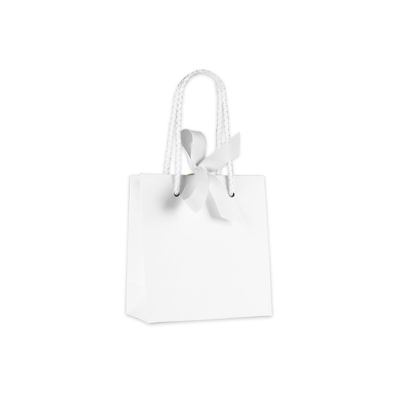 White satin-finish paper boutique bag with white ribbon, 14 x 7 x 15 cm H, 210 g