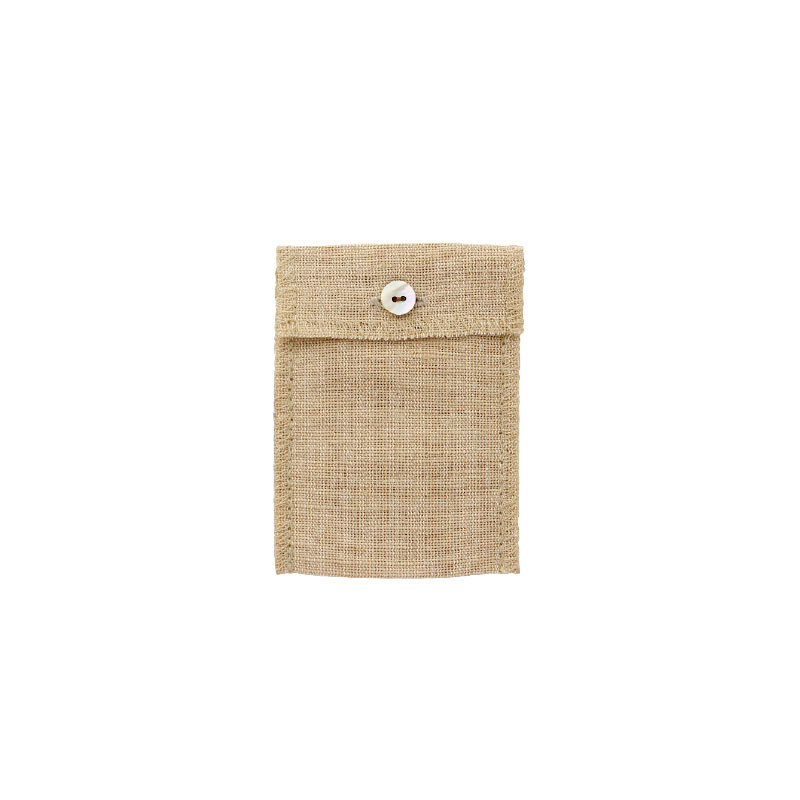 Natural jute and cotton pouch with mother of pearl button fastener, 8 x 11 cm