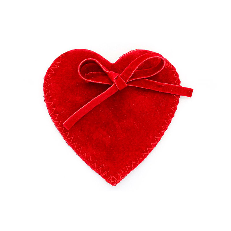 Red cotton and viscose suedette 'love heart' pouches, with lace fastener, 7 x 7 cm
