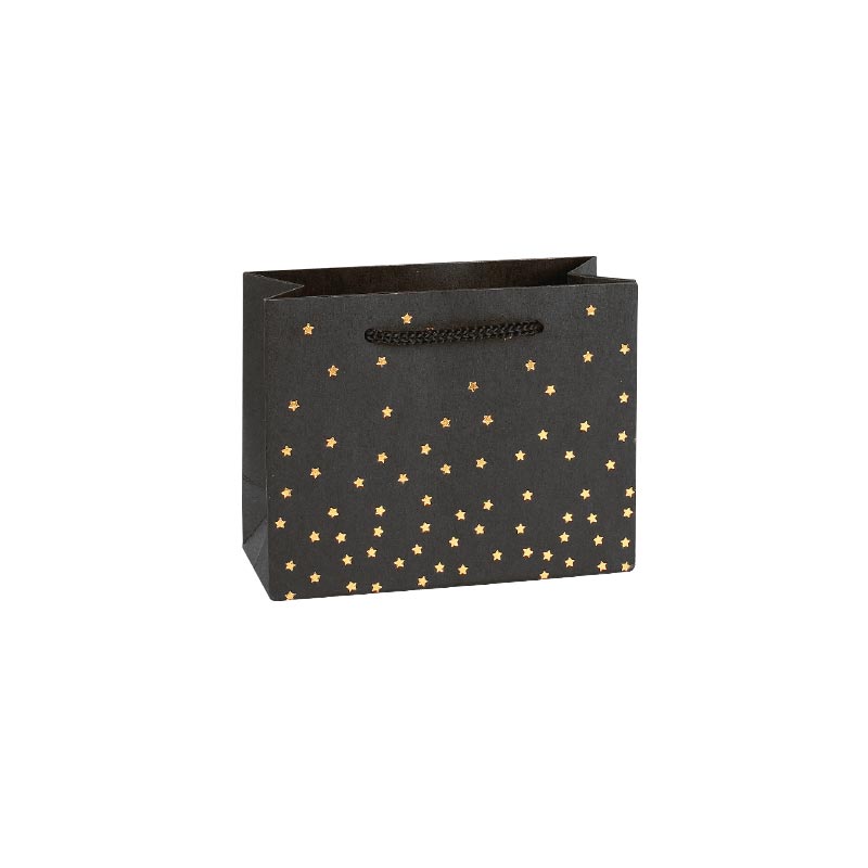 Black kraft paper carrier bags with hot-foil gold star motifs, 14.6 x 6.4 x 11.4 cm H, 200 g