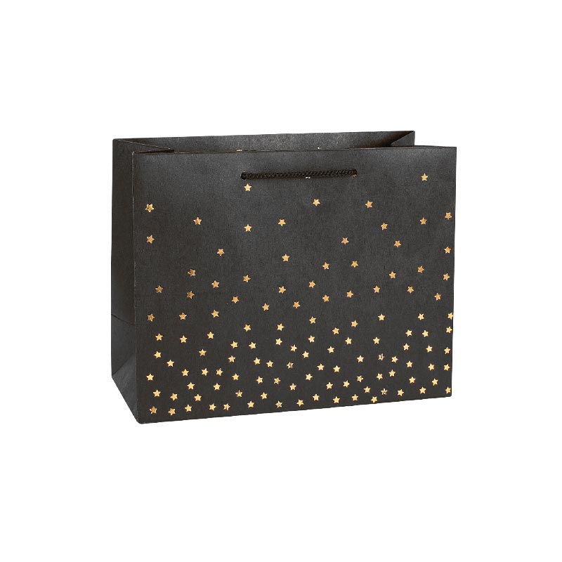 Black kraft paper carrier bags with hot-foil gold star motifs, 22.7 x 10 x 18 cm H, 200 g