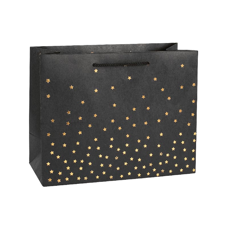 Black kraft paper carrier bags with hot-foil gold star motifs, 32.7 x 13.6 x 26.4 cm H, 200 g
