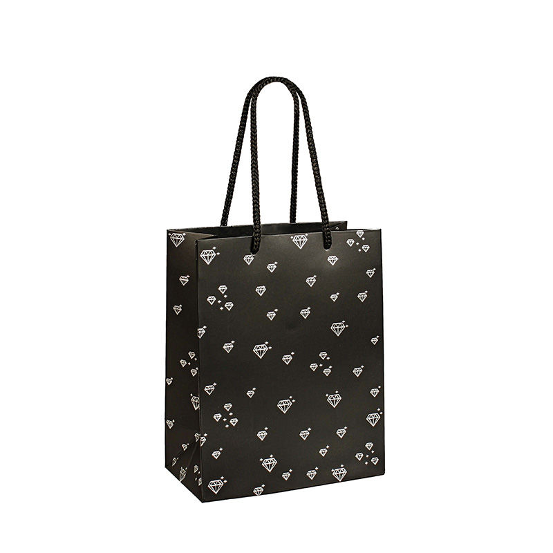 Black matt paper gift bag with silver hot foil printed diamonds, 18 x 10 x 22.7cm H, 190g