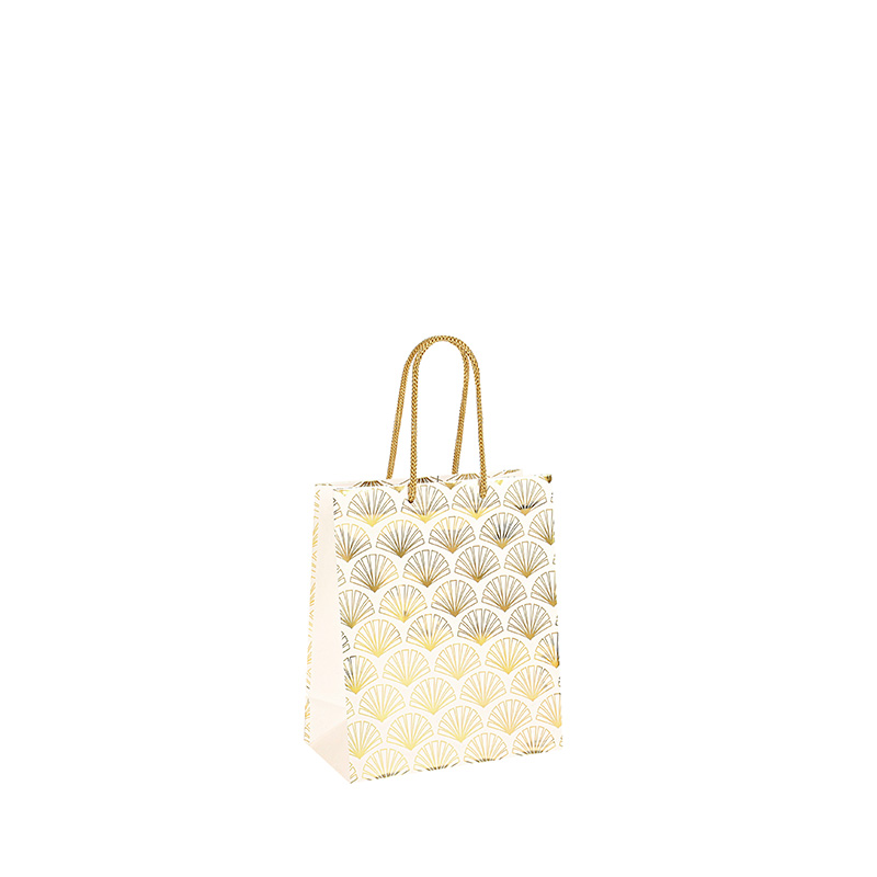 Matt finish white paper carrier bags with hot-foil gold fan motifs, 11.4 x 6.4 x 14.6 cm H, 157 g