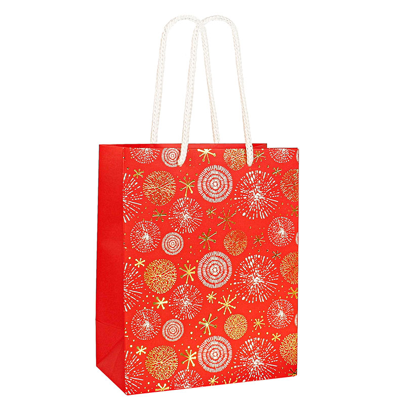 Matt red paper bags with ™Fireworks™ print, 18 x 10 x H 22.7cm, 190g
