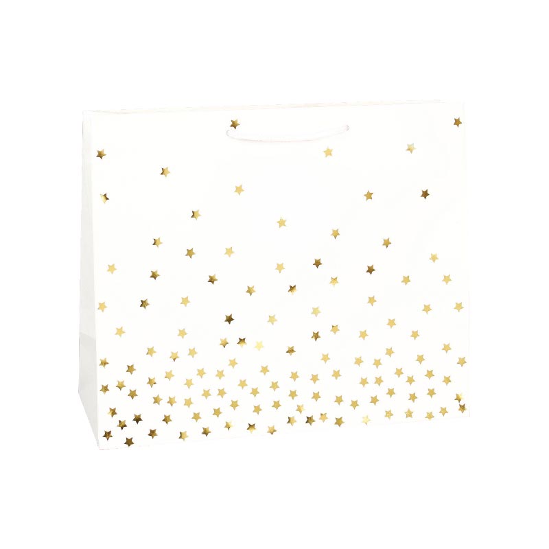 Matt white paper carrier bags with hot-foil star motifs, 32.7 x 13.6 x 26.4 cm H, 157 g