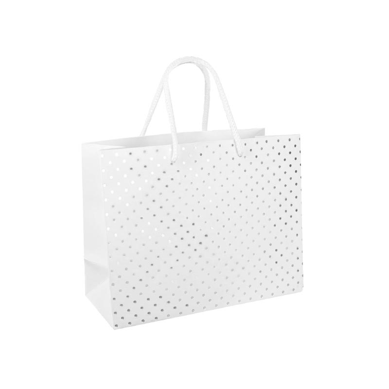 Matt white paper carrier bags with silver polka dots, 18 x 10 x 22.7 cm H, 157g