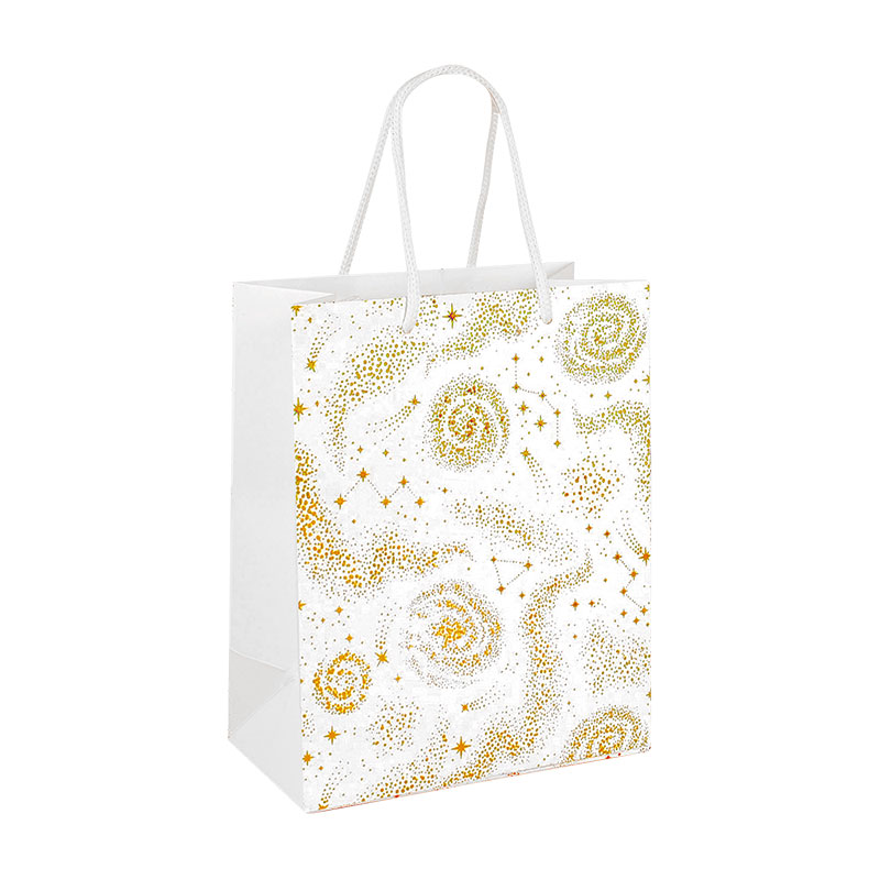Matt white paper gift bag with hot foil printed gold constellations, 18 x 10 x 22.7 cm H