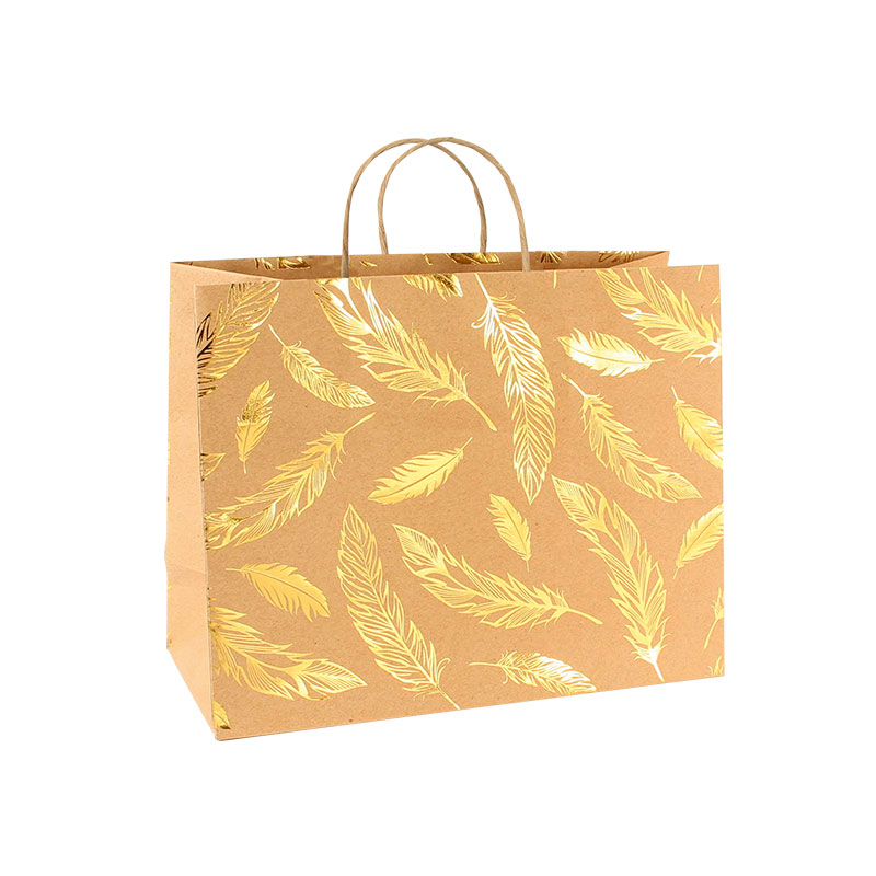 Natural kraft paper boutique bags - gold-coloured feather details, 26.4 x 13.6 x 32.7 cm H, 120g