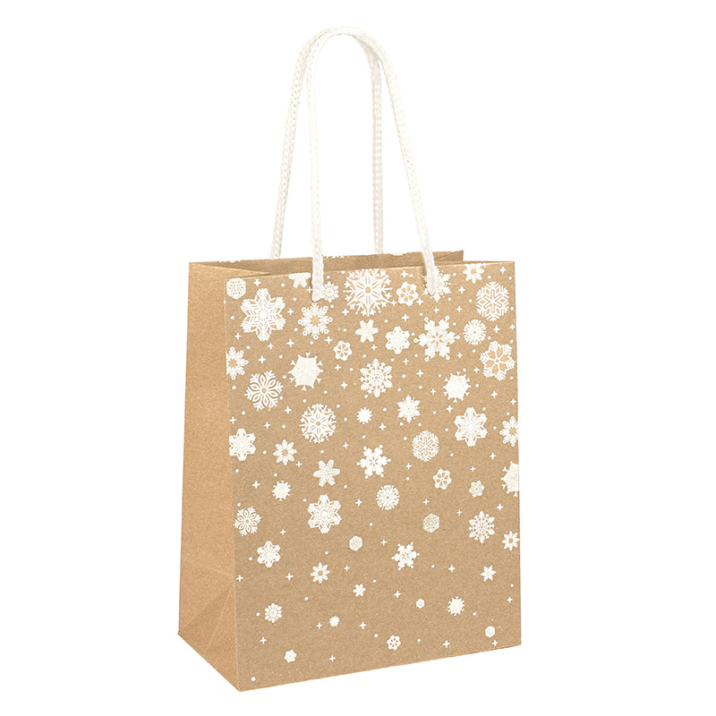 Natural kraft paper gift bag with hot foil printed white snowflakes, 26.4 x 13. x 32.7 cm H, 200g