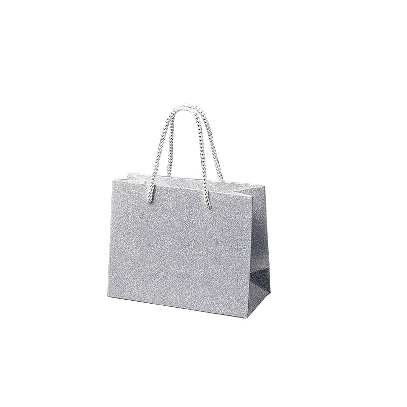 Silver glitter paper carrier bags, 14.6 x 6.4 x 11.4 cm H - 190g