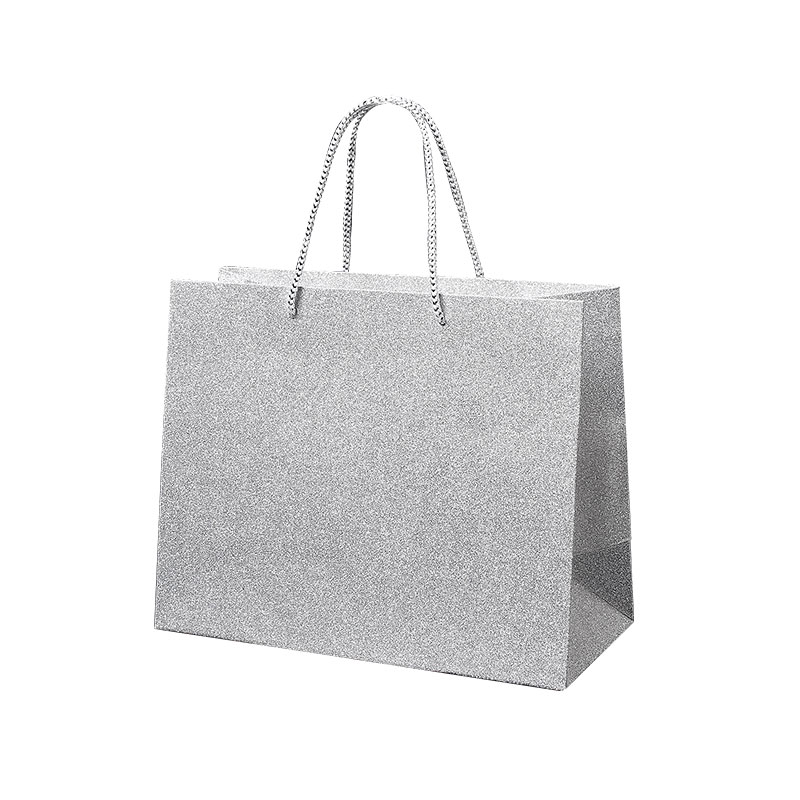 Silver glitter paper carrier bags, 22.7 x 10 x 18 cm H - 190g