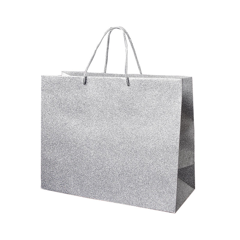 Silver glitter paper carrier bags, 32.7 x 13.6 x 26.4 cm H - 190g