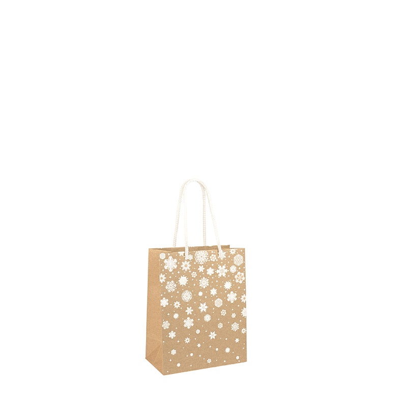 Natural kraft paper gift bag with hot foil printed white snowflakes, 11 x 6.4 x 14.6 cm H, 200g