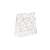 Glossy white paper pouches, silver hot foil printed botanical motifs, 18.5 x 8 x 18.5 cm tall, 190 g