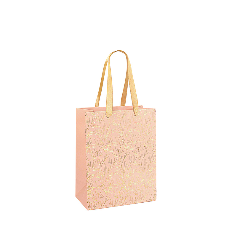 Vintage pink gift bags with gold hot foil printed foliage, 18 x 10 x 22.7cm H, 190g