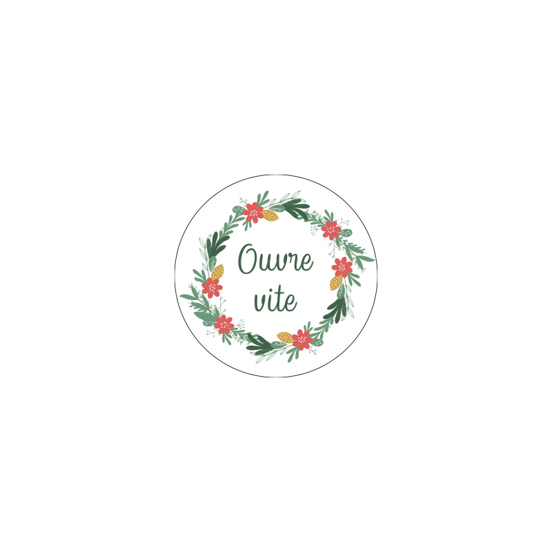 Round white adhesive gift labels with ™Ouvre vite™ and floral wreath motif (x500)