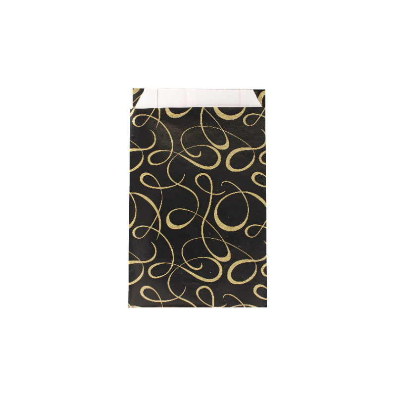 Shiny black gift bags with matt gold ™scrolls™ print 12 x 4.5 x 20cm, 70g (x125)