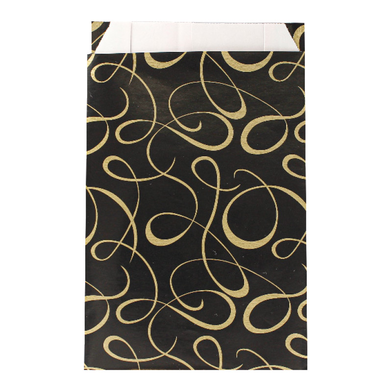 Shiny black gift bags with matt gold ™scrolls™ print 18 x 6 x 35cm, 70g (x50)