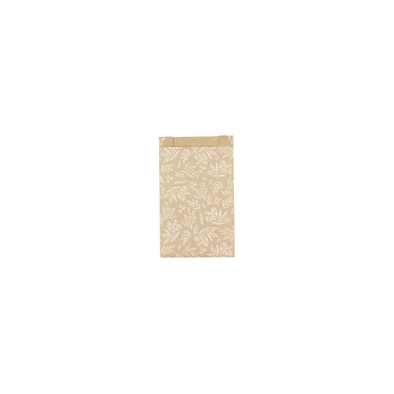 Recycled Kraft gift bags with metallic white flower print 7 x 12cm, 70g (x125)