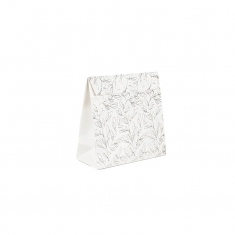 Glossy white paper pouches, silver hot foil printed botanical motifs, 18.5 x 8 x 18.5 cm tall, 190 g