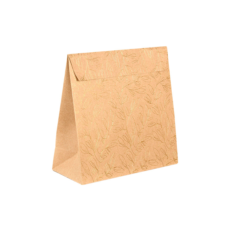 Natural kraft paper stand-up bags, gold hot foil printed foliage motifs, 200g - 10 x 6.5 x 10cm H