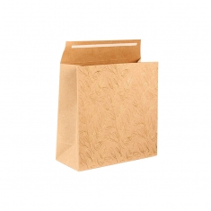 Natural kraft paper stand-up bags, gold hot foil printed foliage motifs, 200g - 10 x 6.5 x 10cm H
