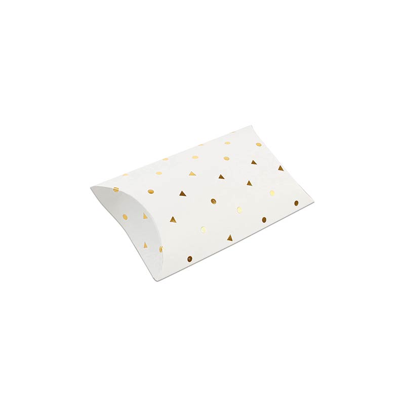 Matt white card pillow boxes, hot-foil printed gold dots/triangles, 350 g