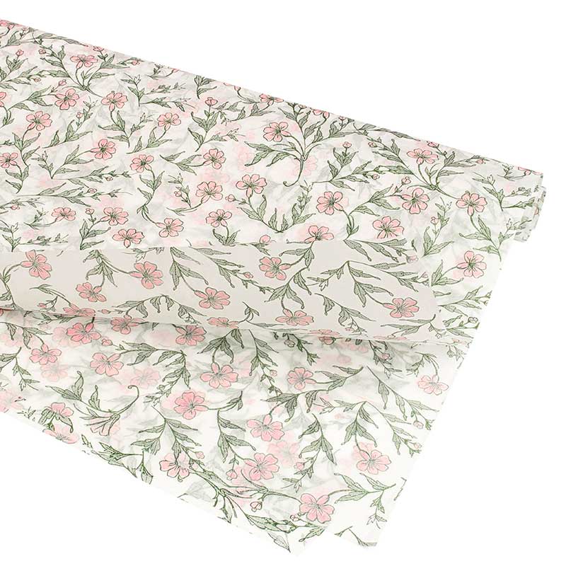 White background tissue paper with pink and green floral print