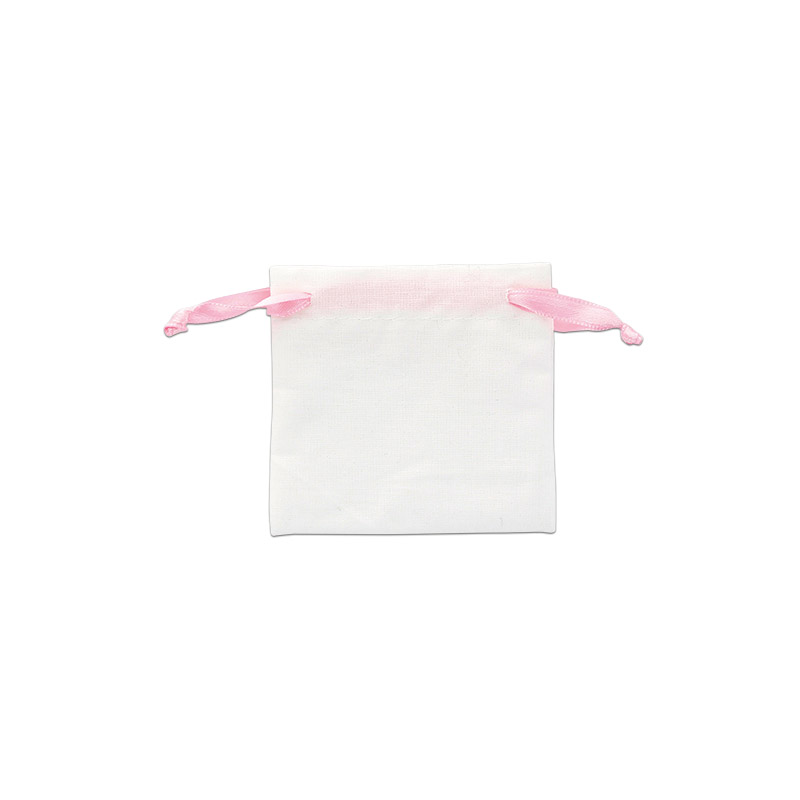 White cotton pouches with pink satin ribbon 7 x 7 cm