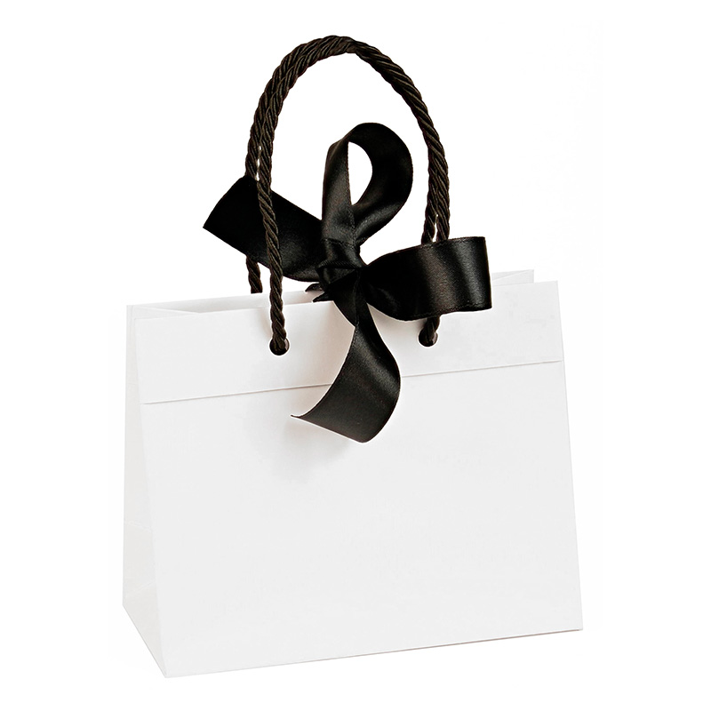 White matt paper carrrier bags, black ribbon, 33 x 10 x 24 cm H 165 g
