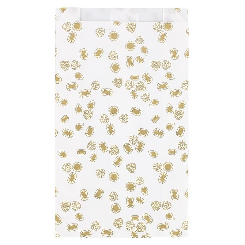 White paper bags with gold precious stone motifs, 12 x 4.5 x 20 cm, 60 g (x250)