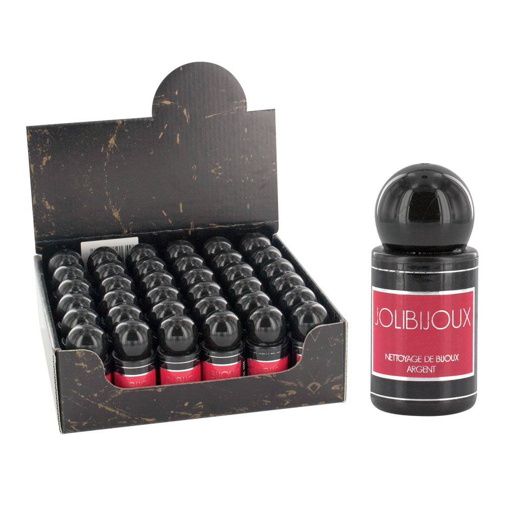 Counter-top display with 36, 20ml gift bottles of Jolibijoux Silver cleaning fluid