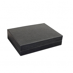 Card necklace box with black full-grain leather finish and suedette interior